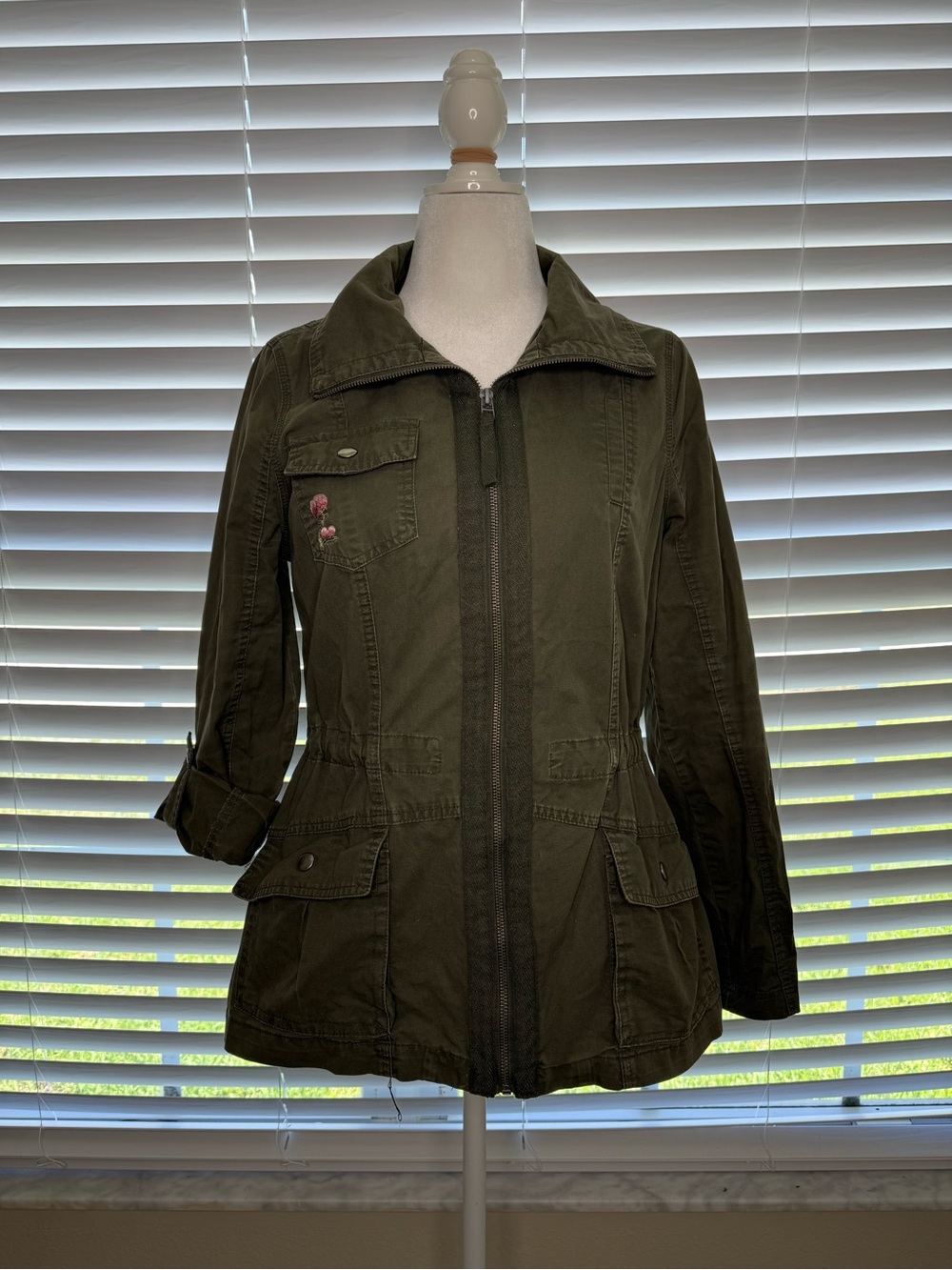 Ashley By 26 International Olive Utility Jacket Parka with Embroidered Detail
